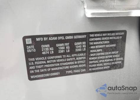 2011 Buick Regal Cxl Russelsheim from USA, damaged, VIN W04GN5EC0B1006601